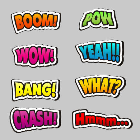 Comic book titles and words set. Emotions in pop art style. Cartoons boom, bang, wow, crash, yeah, pow, wow, hmmm. Vector illustrationのイラスト素材