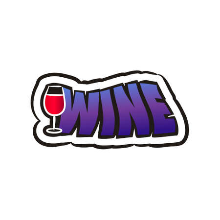 Comic wine logo sticker. Emotions badge in pop art style. Cartoon logotype with a glass of red wine for cafe, bar, menu, restaurant. Isolated Vector illustrationのイラスト素材