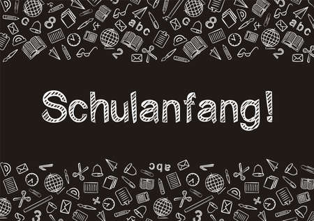 German Back to School text written by white chalk on Blackboard. Blank for school banner, presentation, template. Education vector illustration. Doodle school icons. Translation: Back to Schoolのイラスト素材