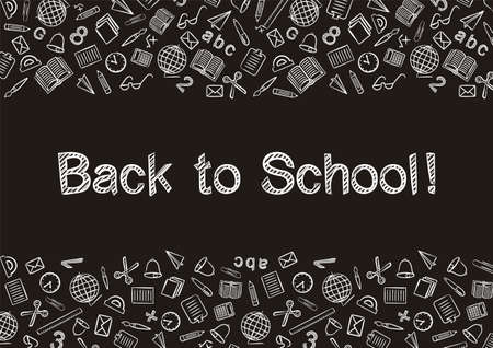 Back to School text written by white chalk on Blackboard. Blank for school banner, presentation, template. Education vector illustration. Doodle school icons background.のイラスト素材