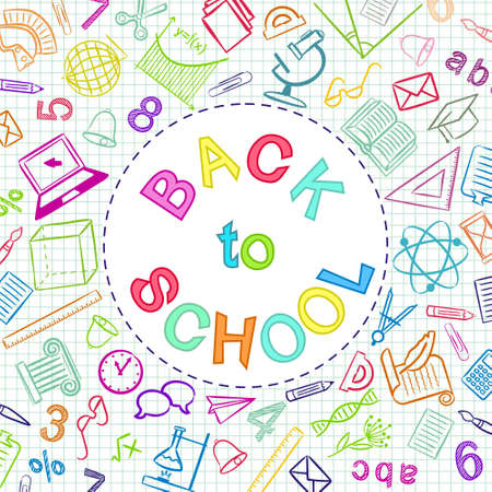 Back to School color text written in round frame. Blank for school banner, presentation, template. Education vector illustration. Multicolored Doodle school icons.のイラスト素材