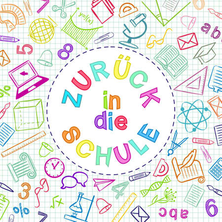 German Back to School color text written in round frame. Blank for school banner, presentation, template. Education vector illustration. Multicolored Doodle school icons. Translation: Back to Schoolのイラスト素材