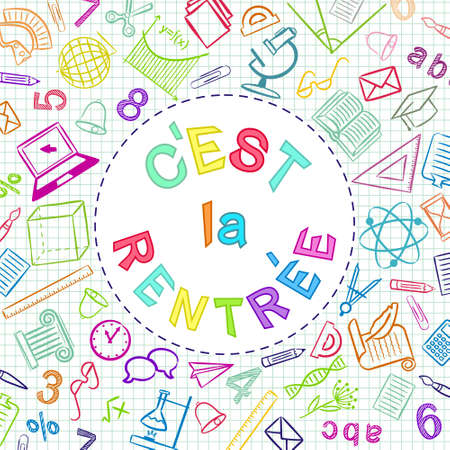 French Back to School color text written in round frame. Blank for school banner, presentation, template. Education vector illustration. Multicolored Doodle school icons. Translation: Back to Schoolのイラスト素材