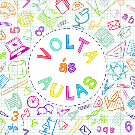 Portuguese Back to School color text written in round frame. Blank for school banner, presentation, template. Education vector illustration. Colored Doodle school icons. Translation: Back to Schoolのイラスト素材