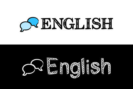 Logo for the English school subject. Hand-drawn icon of speech bubbles with title. English emblem in chalk style on a black chalkboard. Vector illustration for poster, banner or education project.のイラスト素材