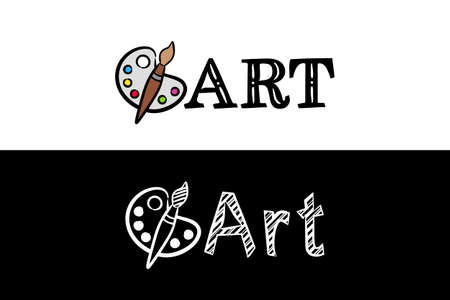 Logo for the Art school subject. Hand-drawn icon of palette with title. Art emblem in chalk style on a black chalkboard. Vector illustration for poster, banner, app design or education project.のイラスト素材