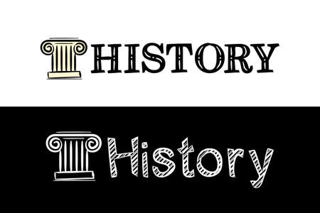Logo for the History school subject. Hand-drawn icon of greek column with title. History emblem in chalk style on a black chalkboard. Vector illustration for poster, banner or education project.のイラスト素材