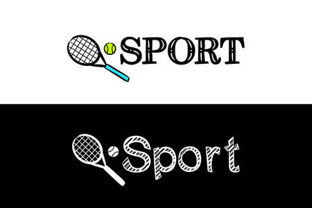 Logo for the Sport school subject. Hand-drawn icon of tennis with title. Sport emblem in chalk style on a black chalkboard. Vector illustration for poster, banner or education project.のイラスト素材