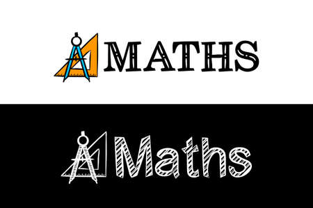 Logo for the Maths school subject. Hand-drawn icon of compass and ruler with title. Maths emblem in chalk style on a black chalkboard. Vector illustration for poster, banner or education project.のイラスト素材