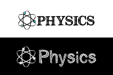 Logo for the Physics school subject. Hand-drawn icon of molecules with title. Physics emblem in chalk style on a black chalkboard. Vector illustration for poster, banner or education project.のイラスト素材