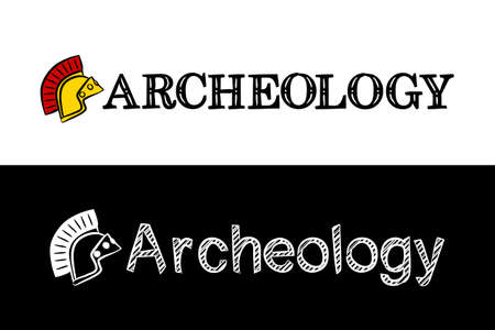 Logo for the archeology. Hand-drawn icon of ancient helmet with title. Archeology emblem in chalk style on a black chalkboard. Vector illustration for poster, banner or education project.のイラスト素材