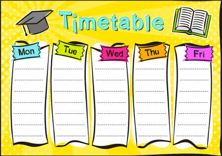 Bright template of a school schedule for 5 days of the week for students. Blank for a list of school subjects. Vector illustration in pop art styles.のイラスト素材