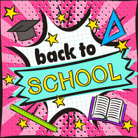 Back to School Bright banner in the style of popart. Explosion and school items on a bright pink background. Blank for school banner, presentation, template. Vector illustrationのイラスト素材