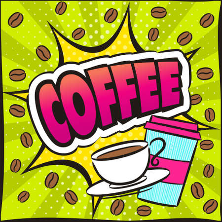 Bright picture on the theme of coffee in the style of pop art. Template for a poster or banner. Square web banner for social media post template. Vector illustration, vintage design.のイラスト素材