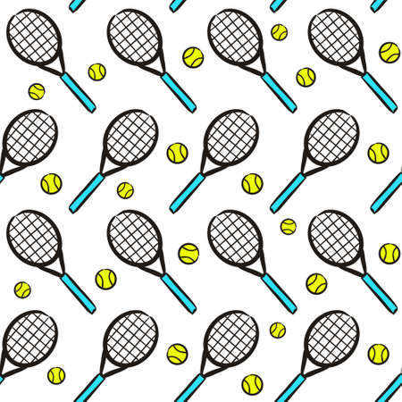 Seamless hand drawn tennis pattern. Hand drawn Sport background with tennis racket and ball. Vector Illustration for the design of competitions, sports projects, tennis equipment.のイラスト素材