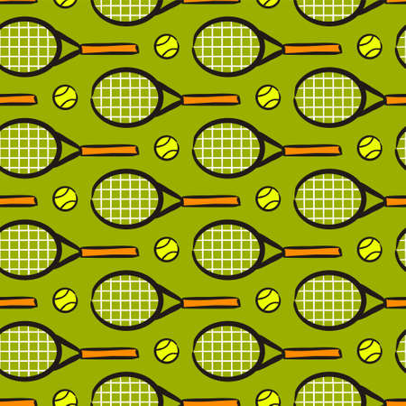 Seamless hand drawn tennis pattern. Hand drawn Sport background with tennis racket and ball. Vector Illustration for the design of competitions, sports projects, tennis equipment.のイラスト素材
