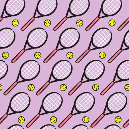 Seamless hand drawn tennis pattern. Hand drawn Sport background with tennis racket and ball. Vector Illustration for the design of competitions, sports projects, tennis equipment.のイラスト素材