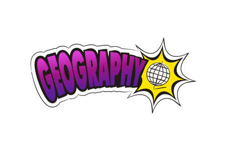 Geography school subject. Hand-drawn icon of globe earth with title. Geography emblem in pop art style. Vector illustration for sticker, badge, poster, banner or education project.のイラスト素材