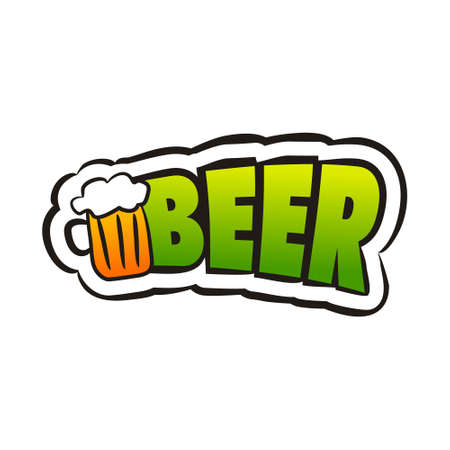Comic beer logo sticker. Emotions badge in pop art style. Cartoon logotype with mug of beer for cafe, bar, menu, restaurant, october fest. Isolated Vector illustrationのイラスト素材