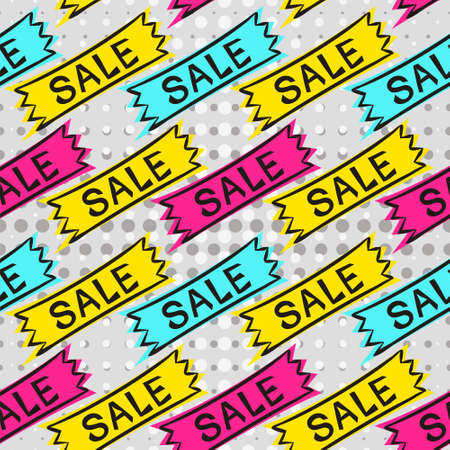 Seamless pattern with bright stickers for sale in pop art style. Cartoon Coupons with discounts. Vector illustration for decoration of a store, showcase, advertising booklets or price tags.のイラスト素材