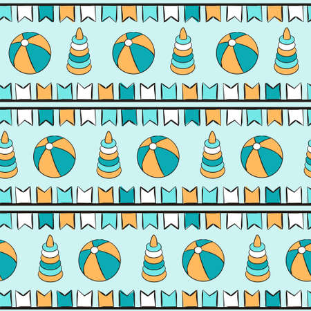 Seamless pattern of hand-drawn toys. Childish background with a teddy bear, ball and pyramid. Kids Vector illustrationのイラスト素材