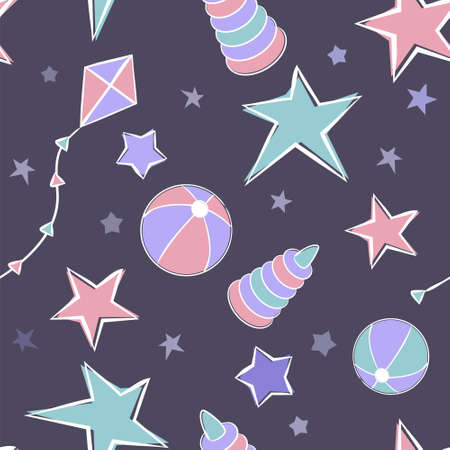 Seamless pattern of hand-drawn toys. Childish background with a stars, teddy bear, ball and pyramid. Kids Vector illustrationのイラスト素材