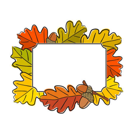 Hand-drawn autumn frame with oak leaves. Yellow and orange oak foliage with acorns. Template or blank for autumn decor. Vector illustration.のイラスト素材