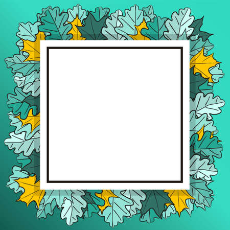 Autumn square frame made from hand-drawn leaves. Turquoise and gold foliage of maple and oak, oak acorns. Template or blank for fall decor, sale or promotion banner. Vector illustration.のイラスト素材