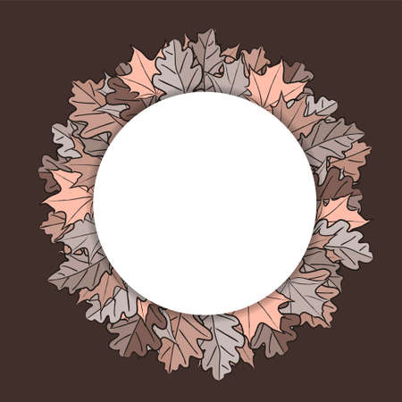 Autumn circle frame made from hand-drawn leaves. Gray and pink foliage of maple and oak, oak acorns. Template or blank for fall decor, sale or promotion banner. Vector illustration.の写真素材