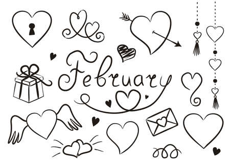 Set of hand drawn february elements isolated on white background. Love icons in doodle style. Hearts, monograms, valentines, gift, envelope and handwritten name for February. Vector illustrationのイラスト素材