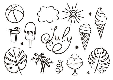 Set of hand drawn july elements isolated on white background. Summer icons in doodlo style. Ice cream, monstera leaves, palms, ball, lemonade, clouds, sun and the handwritten name July. Vector illustrationのイラスト素材