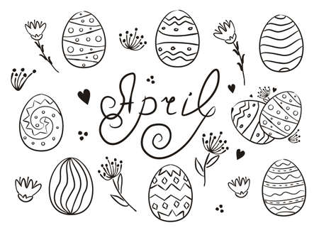 Set of hand drawn April elements isolated on white background. Easter icons in doodle style. Eggs, flowers, Easter decor and the handwritten title April. Vector illustrationのイラスト素材