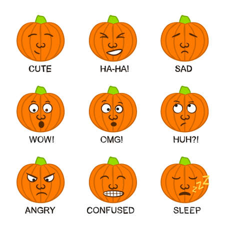 Pumpkin emoji. Funny hand-drawn Halloween faces. Vegetable vector illustration for the holiday of all saints day.のイラスト素材