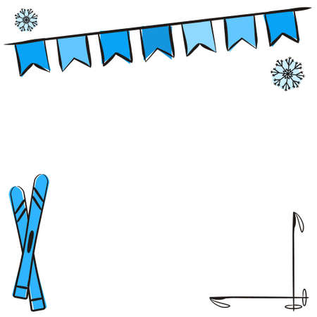 Winter template for card or banner. Blue frozen frame with ski, snowflakes with flags. Vector illustration on white backgroundのイラスト素材