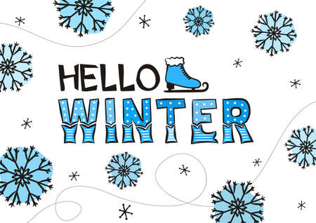 Hello winter lettering with hand-drawn scate and snowflakes. Blue frozen card or banner. Vector illustration on white backgroundのイラスト素材
