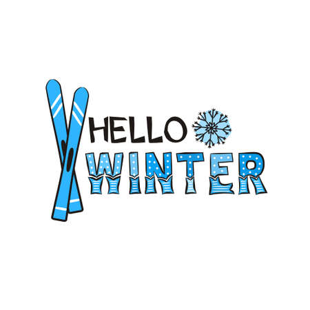 Hello Winter lettering with hand-drawn Snowflakes and ski. Illustration on white backgroundのイラスト素材