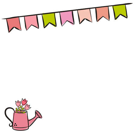 Spring template for card or banner. Pink and green frame with watering cans, tulips and flags. Vector illustration on white background for garden, calendar, seasonsのイラスト素材