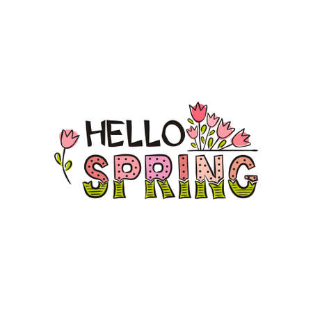 Hello Spring lettering with hand-drawn tulips. Illustration on white backgroundのイラスト素材