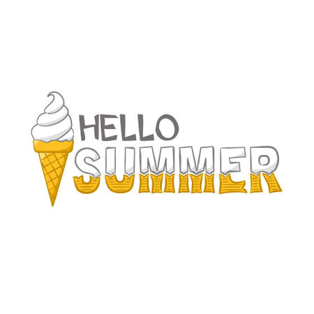 Hello summer emblem with hand-drawn ice cream. Illustration isolated on white background.のイラスト素材