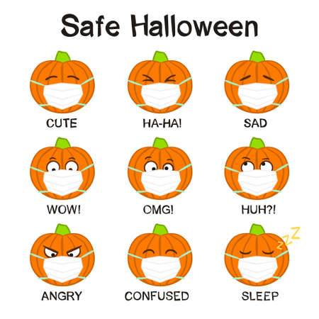 Pumpkins emoji in a protective mask. Funny hand drawn pumpkins in quarantine. Halloween vector illustration. Doodle style.のイラスト素材