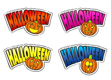 Bright Halloween icon with carved pumpkin in pop art style. Emblems for all saints day.のイラスト素材