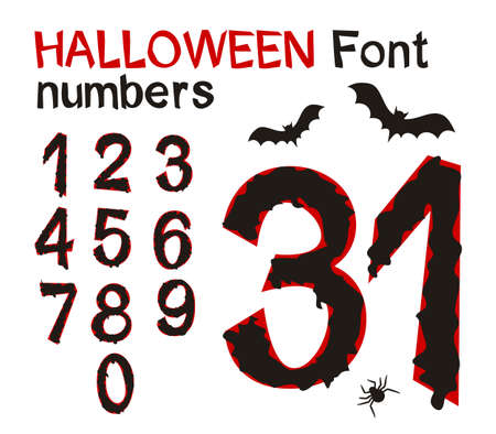 A set of black-bloody numbers for Halloween with bats and spider. Hand-drawn gloomy font by October 31th.のイラスト素材