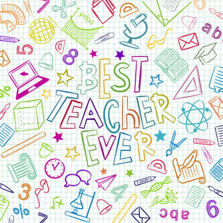 Best teacher ever in doodle style. Hand drawn lettering and school elements on checkered notebook sheet.のイラスト素材