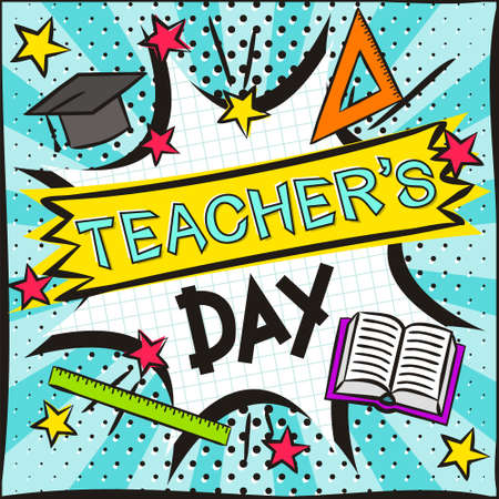 Teacher's Day Bright banner in the style of popart. Explosion and school items on a bright blue background.のイラスト素材