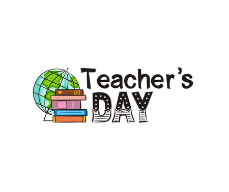 Lettering for Teacher's Day with a globe and a stack of books. Hand drawn isolated emblem for school banner, presentation, template. Vector illustrationのイラスト素材