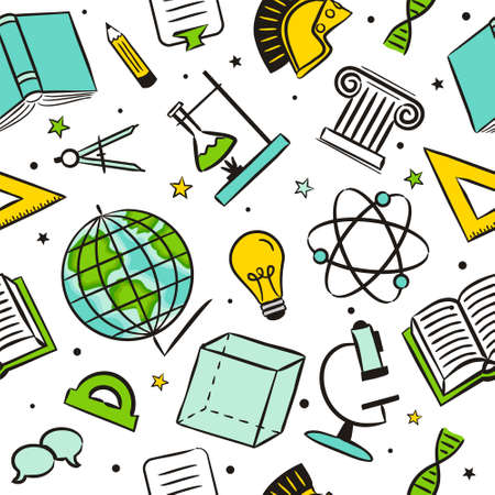 Seamless cartoon pattern with school elements. Kids Pattern with education objects: ruler, book, lightbulb, compass and others. Vector background.のイラスト素材