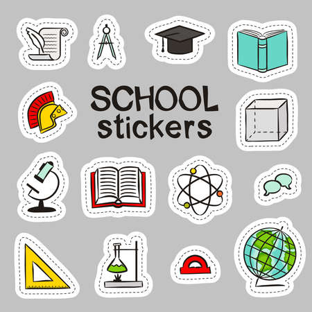 A set of stickers hand drawn school elements. Educational icons, microscope, physics, science, geometry, history, algebra. Vector illustration for badges, labels, banner, poster, flyer or bookletのイラスト素材