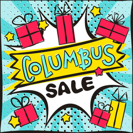 Columbus Day Sale Bright banner in the style of popart. Explosion and gifts on a blue background. Blank for discount banner, web design, coupons, applications and posters. Vector illustrationのイラスト素材
