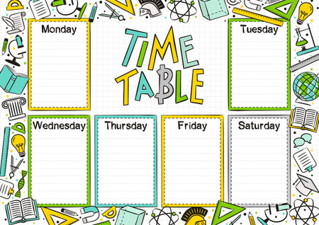 Kids Template of a school schedule for 6 days of the week for students. Vector illustration in...