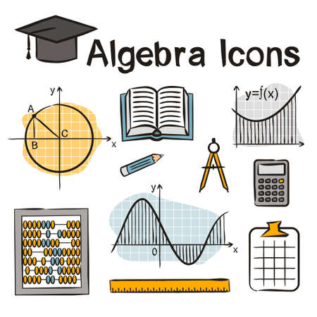 Set of hand-drawn icons on the theme of Maths and Algebra. Pictograms of Ruler, rulers, compasses, accounts, graphs, calculator. Vector illustration for school and education projects.のイラスト素材